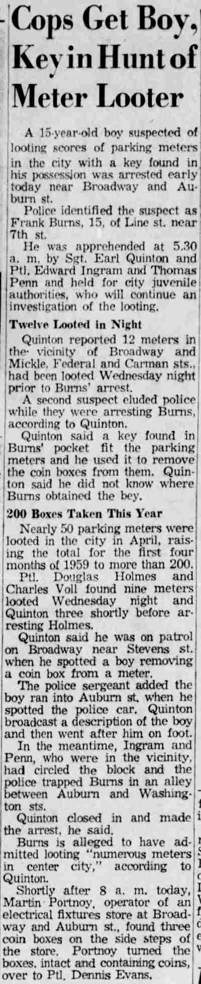 Camden Courier-Post, May 7, 1959 — Cops Get Boy, Key in Hunt of Meter Looter