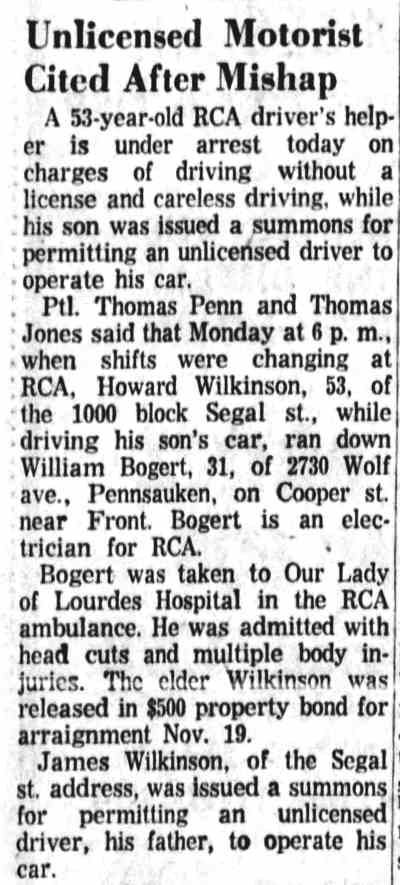 Camden Courier-Post, October 10, 1959 — Unlicensed Motorist Cited After Mishap
