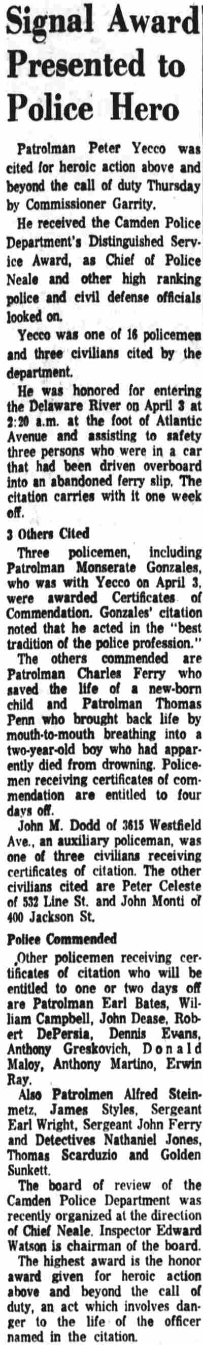 Signal Award Presented to Police Hero — Patrolman Peter Yecco cited for heroic action