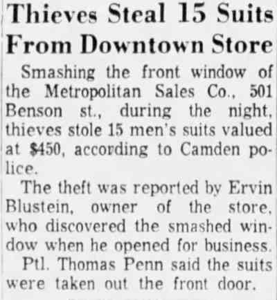 Camden Courier-Post, November 12, 1959 — Thieves Steal 15 Suits From Downtown Store