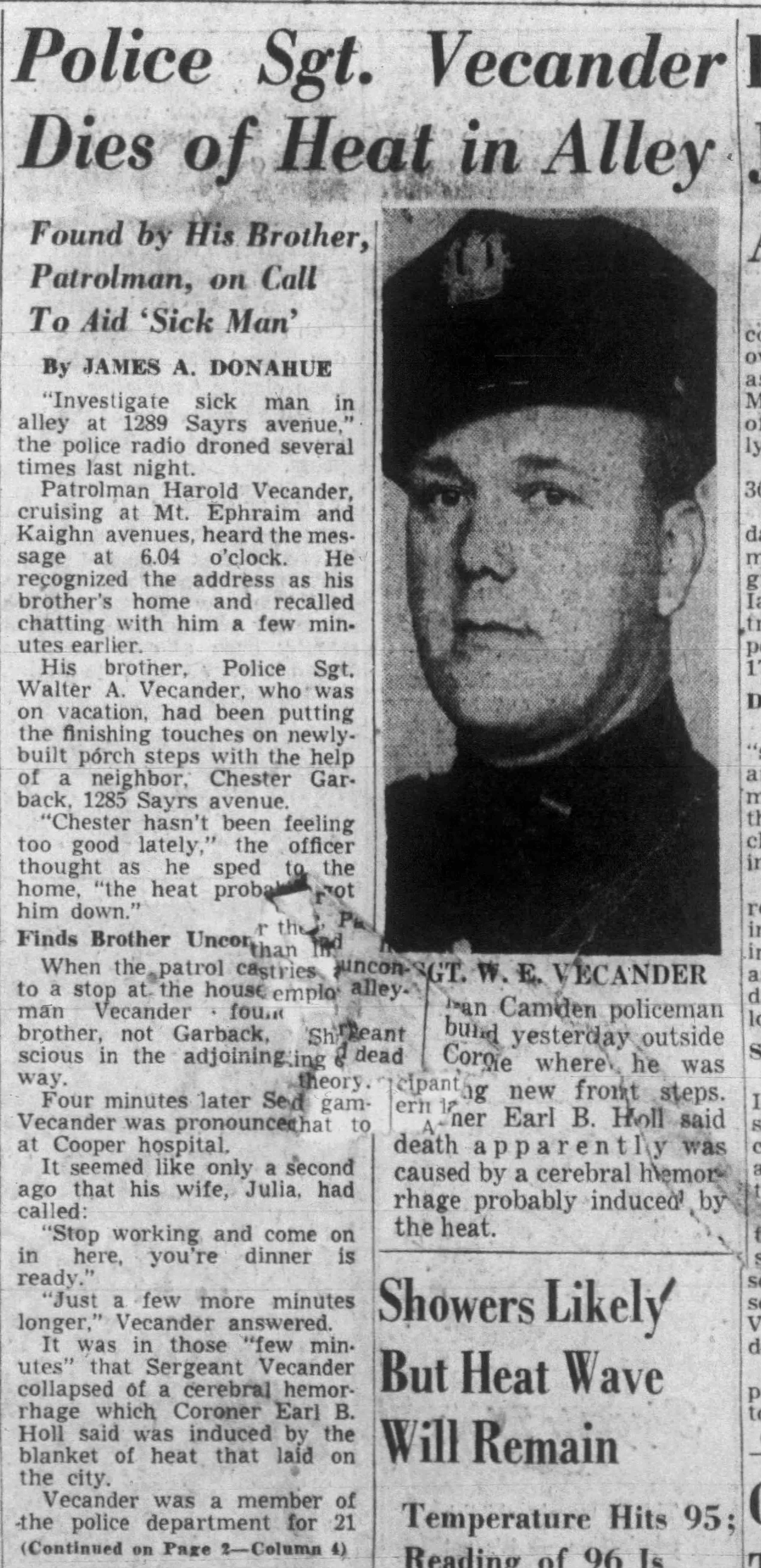 Police Sgt. Vecander Dies of Heat in Alley — Camden Courier-Post, July 29, 1949