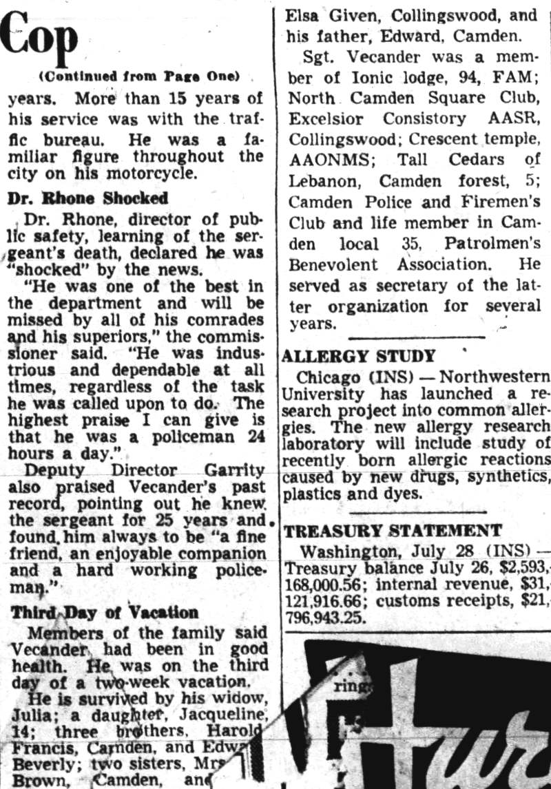 Police Sgt. Vecander Dies of Heat — continuation, Camden Courier-Post, July 29, 1949