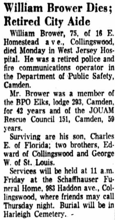 Camden Courier-Post, January 18, 1961 — obituary for William Brower