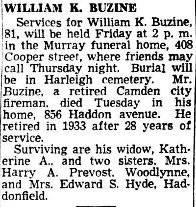Camden Courier-Post, May 17, 1950 — William K. Buzine obituary notice