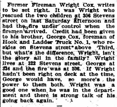 Camden Daily Courier, January 6, 1905 — Former Fireman Wright Cox Writes to Be Set Right
