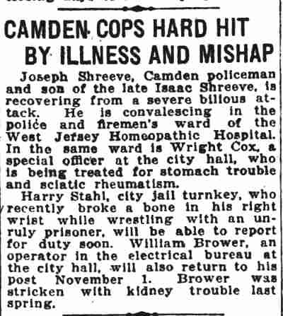Camden Daily Courier, October 27, 1926 — Camden Cops Hard Hit by Illness and Mishap