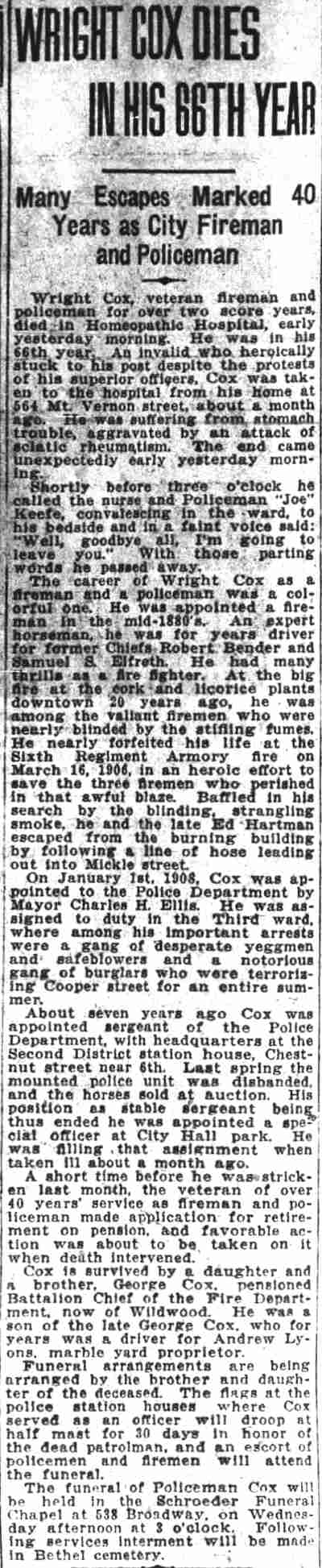 Camden Courier-Post, November 15, 1926 — Wright Cox Dies in His 66th Year