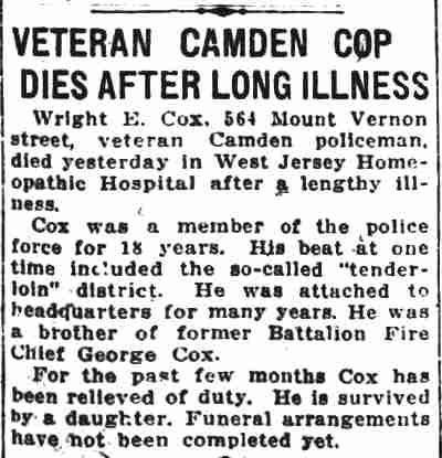 Camden Courier-Post, November 15, 1926 — Veteran Camden Cop Dies After Long Illness