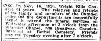 Camden Daily Courier, November 16, 1926 — Death notice for Wright Ellis Cox