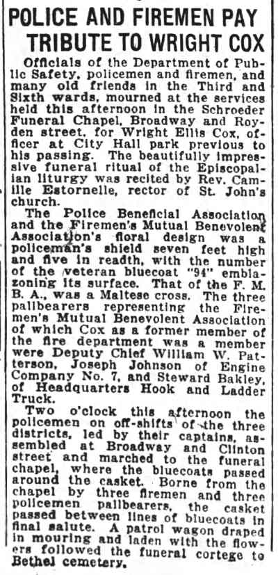 Camden Daily Courier, November 16, 1926 — Police and Firemen Pay Tribute to Wright Cox
