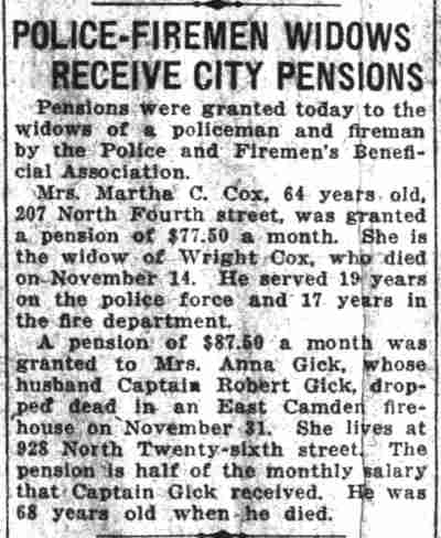 Camden Daily Courier, December 9, 1926 — Police-Firemen Widows Receive City Pensions