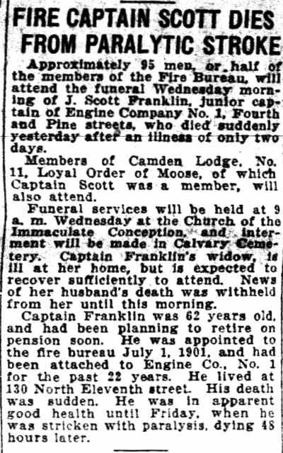Camden Evening Courier, January 31, 1927 — Fire Captain Scott Dies from Paralytic Stroke