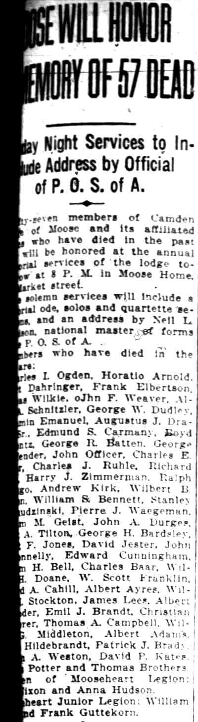 Camden Evening Courier, April 23, 1927 — Moose Will Honor Memory of 57 Dead