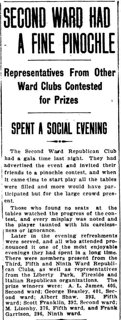 Camden Daily Courier article about a pinochle contest at the Second Ward Republican Club, May 16, 1908