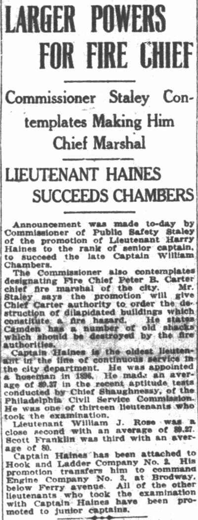 Camden Post-Telegram, June 15, 1923 — Larger Powers for Fire Chief