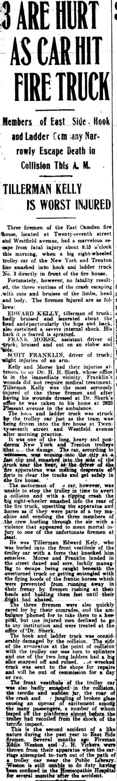 Camden Post-Telegram, June 28, 1909 — 3 Are Hurt as Car Hit Fire Truck