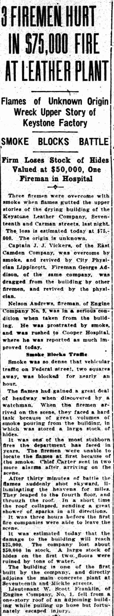 Camden Daily Courier, September 9, 1922 — 3 Firemen Hurt in $75,000 Fire at Leather Plant