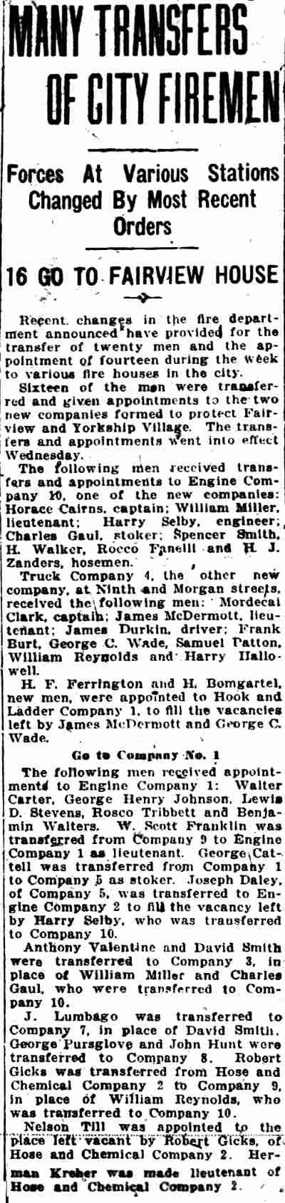 Camden Daily Courier, September 18, 1920 — Many Transfers of City Firemen
