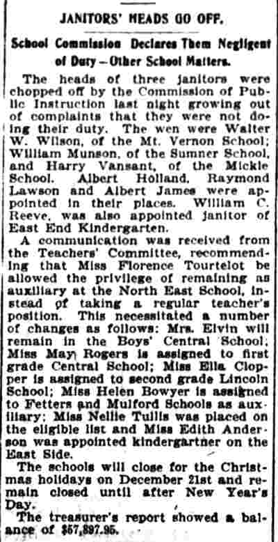 Camden Evening Courier article: Janitors' Heads Go Off — school commission declares them negligent of duty, November 27, 1900