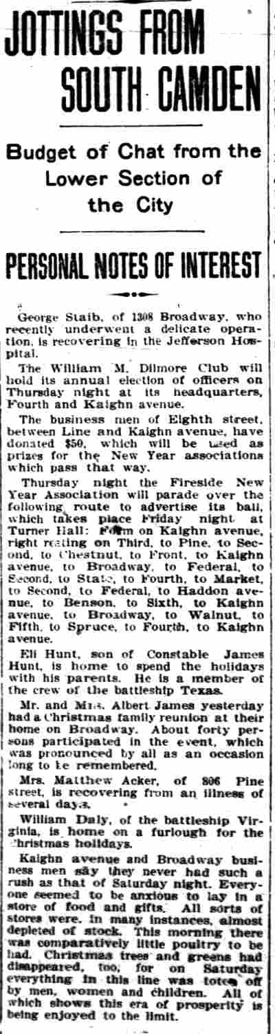 Camden Daily Courier, December 24, 1906 — Jottings from South Camden column including mention of Eli Hunt at home for the holidays