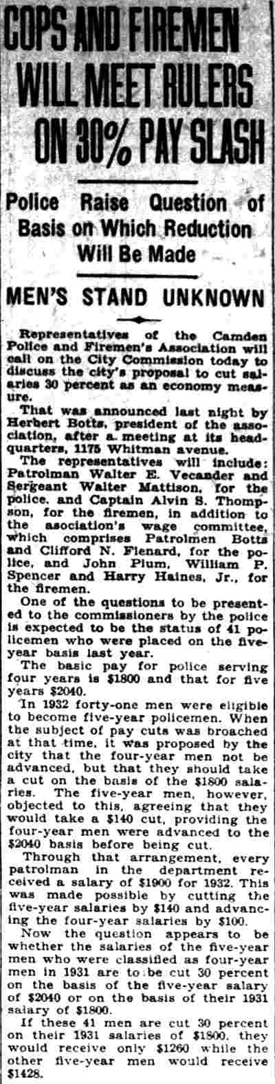 Cops and Firemen Will Meet Rulers on 30% Pay Slash, Camden Courier-Post, January 6, 1933