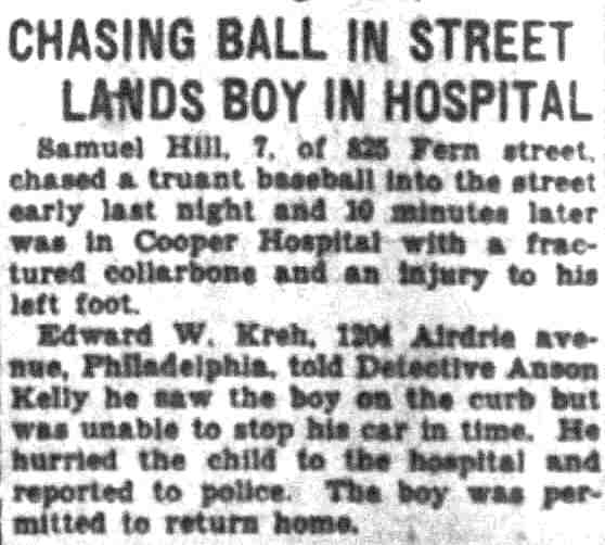 Chasing Ball in Street Lands Boy in Hospital — Camden Courier-Post, June 25, 1929