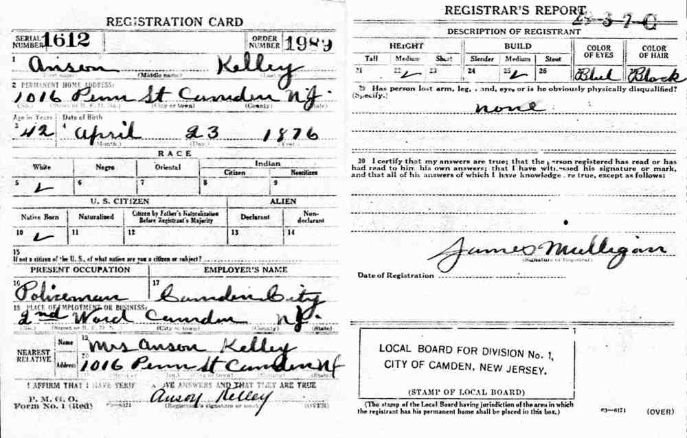 Anson Kelley World War I draft registration card