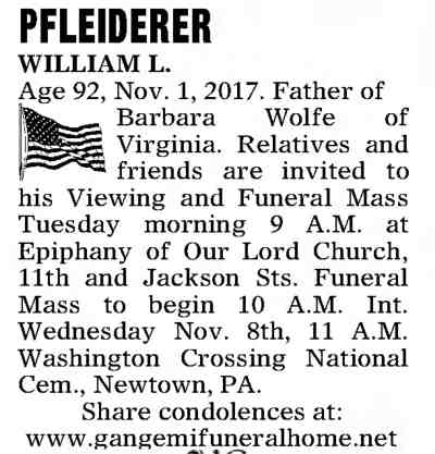 William L. Pfleiderer obituary notice