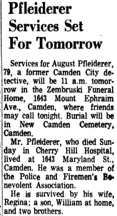 Pfleiderer Services Set for Tomorrow obituary article