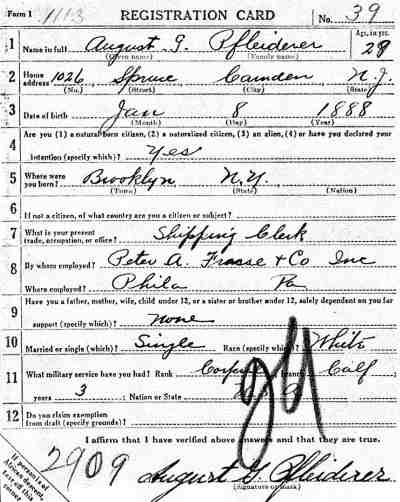 August Pfleiderer World War I draft registration card, front