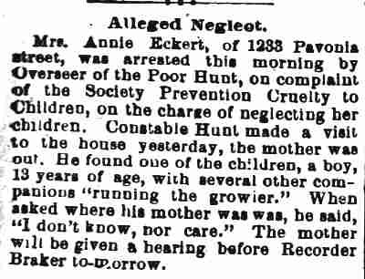 Camden Post, May 14, 1890 — Alleged Neglect, Annie Eckert arrested at 1233 Pavonia Street