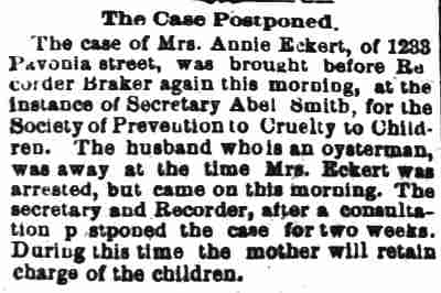 Camden Post, May 19, 1890 — The Case Postponed, Annie Eckert case continued before Recorder Braker