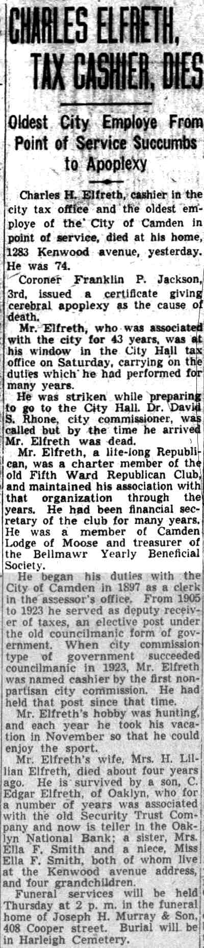 Camden Courier-Post, March 16, 1940 — Charles Elfreth, Tax Cashier, Dies