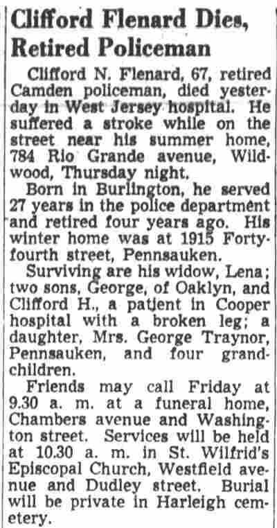 Clifford Flenard obituary, Camden Courier-Post, July 16, 1947