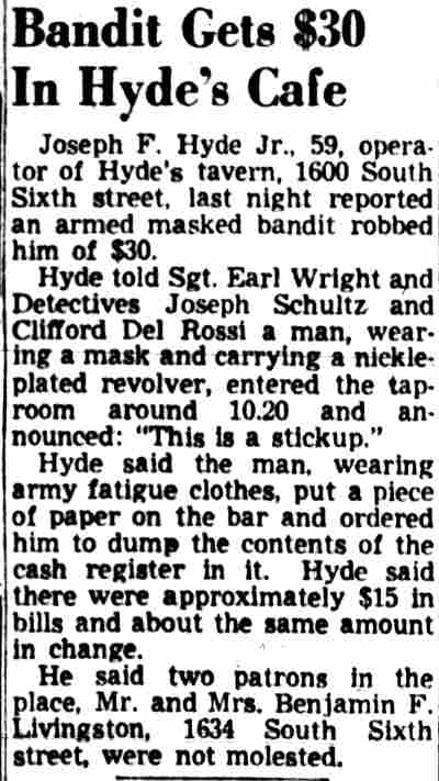 Bandit Gets $30 in Hyde's Cafe