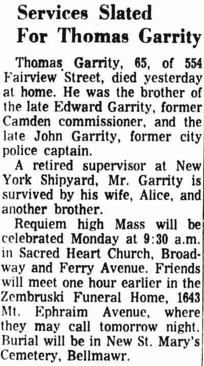 Services Slated For Thomas Garrity - Camden Courier-Post June 3, 1967