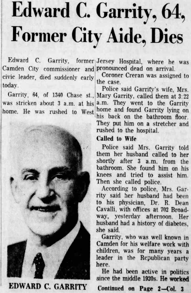 Edward C. Garrity, 64, Former City Aide, Dies - Camden Courier-Post August 13, 1963