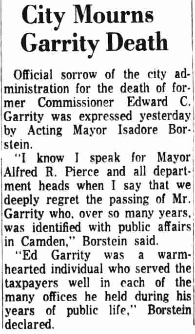 City Mourns Garrity Death - Camden Courier-Post August 14, 1963