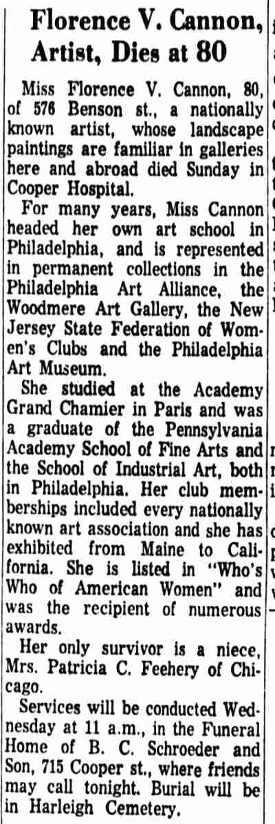 Florence V. Cannon obituary — Camden Courier-Post, April 9, 1963