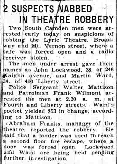 Camden Courier-Post, April 2, 1934 — John Lockwood, Kaighn Avenue, Martin Ward, Liberty Street, Abraham Franks, Lyric Theater, Broadway, Mount Vernon Street, Walter Mattison, Frank Wilmot