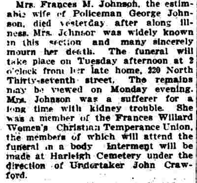 Camden Post-Telegram June 24, 1911 — Death of Mrs. Frances M. Johnson