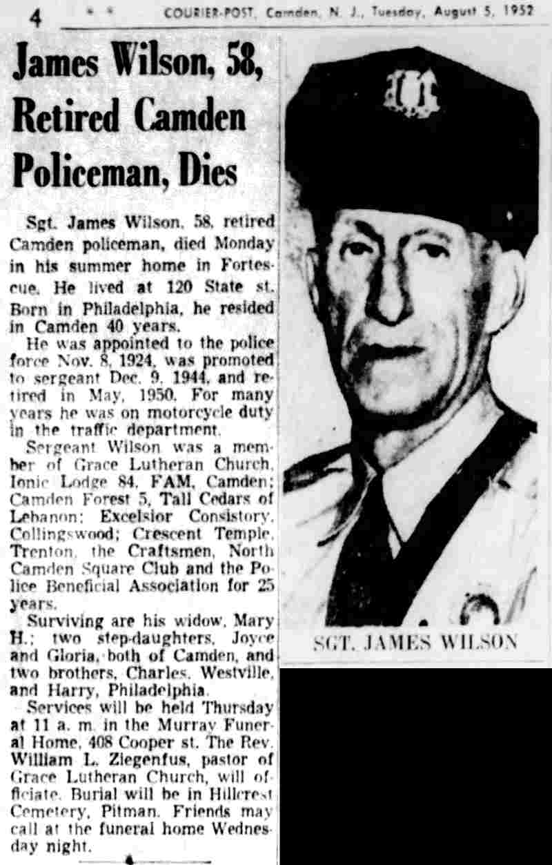 James Wilson, 58, Retired Camden Policeman, Dies — Camden Courier-Post, August 5, 1952