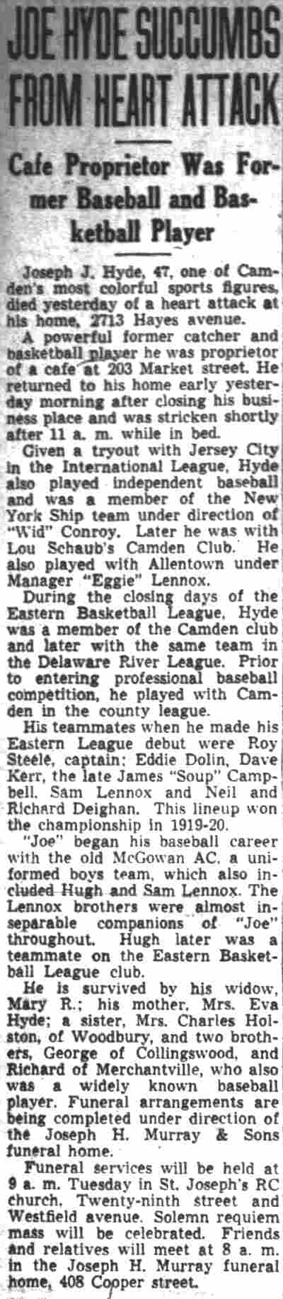 Camden Courier-Post, January 1, 1944 — Joe Hyde obituary (Morning Post)