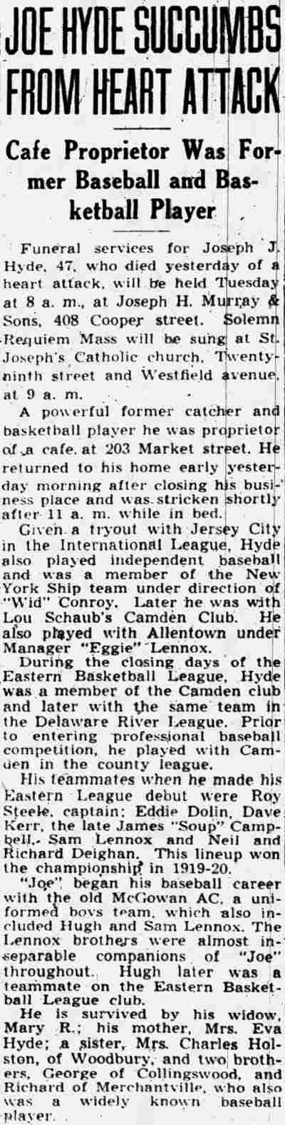 Camden Evening Courier, January 1, 1944 — Joe Hyde obituary