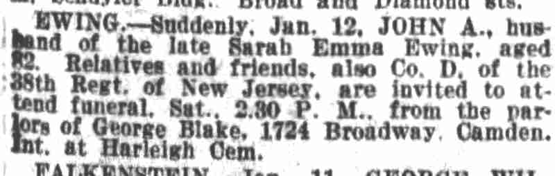 Death notice for John A. Ewing, Philadelphia Inquirer, January 13, 1928