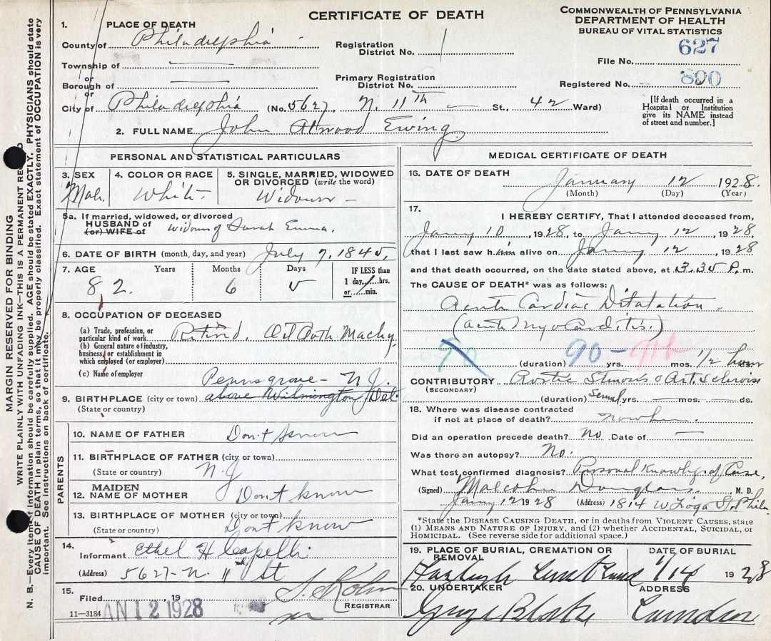 Death certificate for John Atwood Ewing, died January 12, 1928, Philadelphia, Pennsylvania