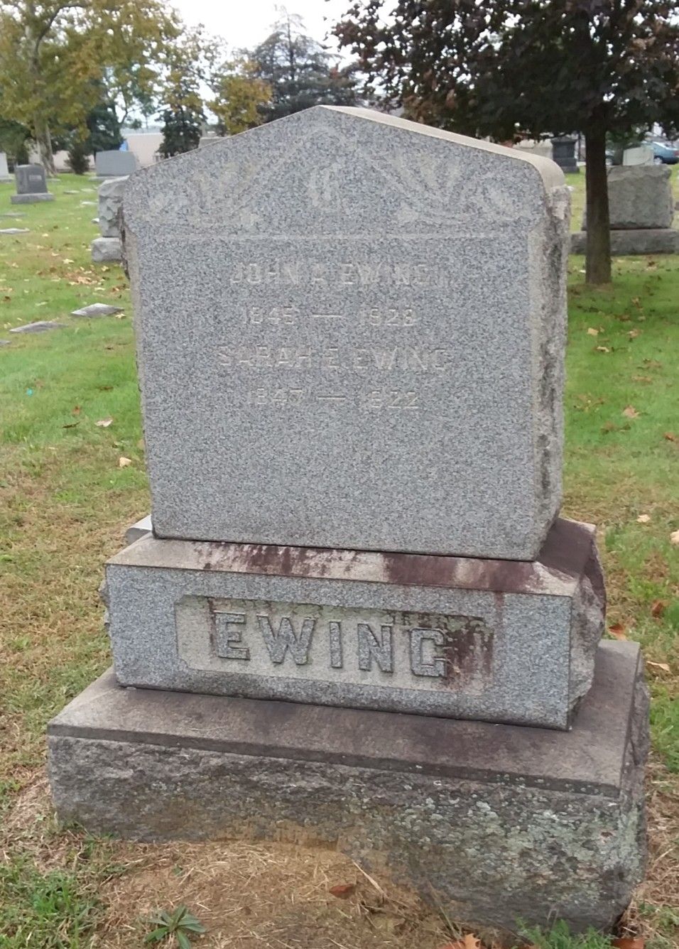 Gravestone for John A. Ewing (1845-1928) and Sarah E. Ewing (1847-1922) at Harleigh Cemetery, Camden