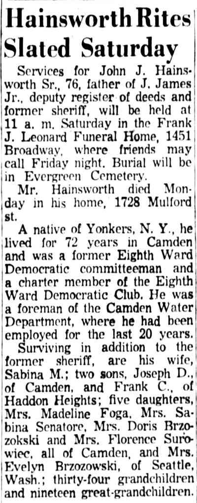 Camden Courier-Post, April 1, 1958 — Hainsworth Rites Slated Saturday