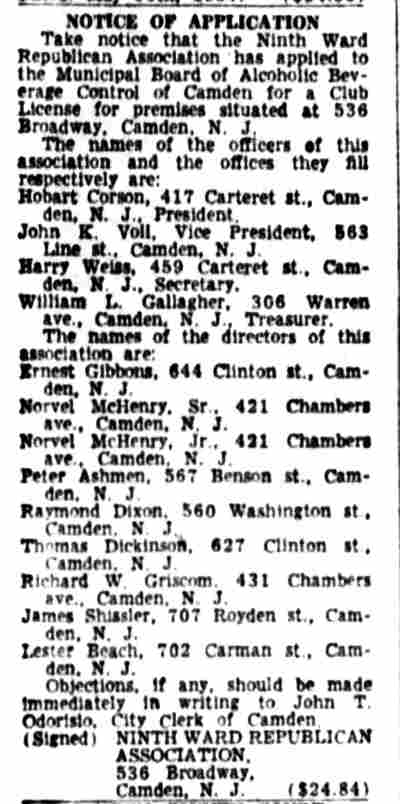 Notice of Application — Ninth Ward Republican Association, Camden Courier-Post, June 10, 1957