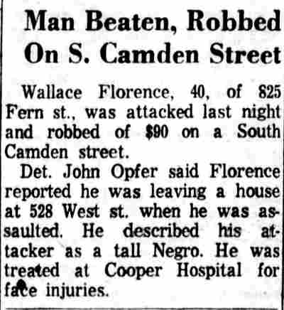 Man Beaten, Robbed On S. Camden Street — Camden Courier-Post, September 26, 1964